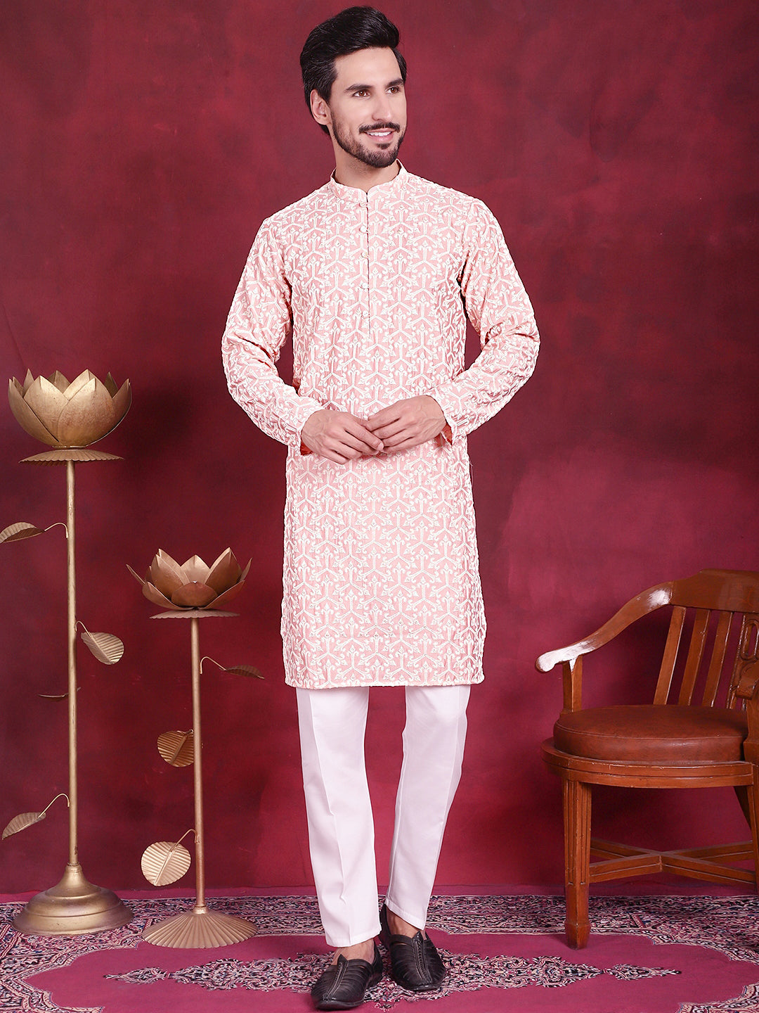 Men's Chikankari Embroidered Kurta Pyjama Set ( JOKP P 5020 Pink )