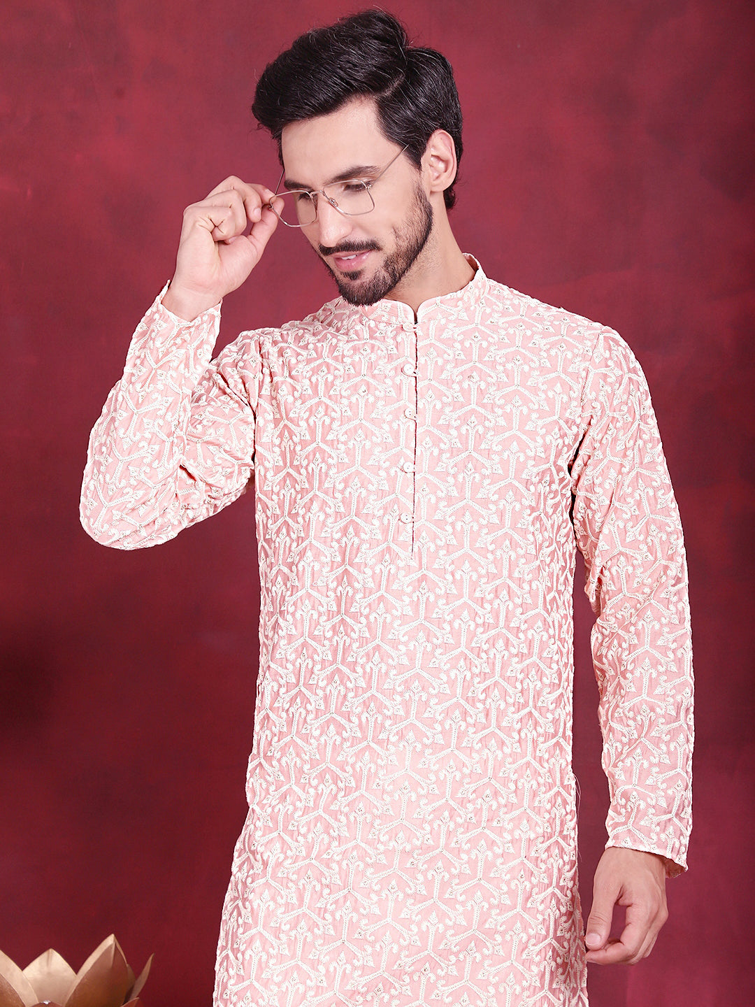 Men's Chikankari Embroidered Kurta Pyjama Set ( JOKP P 5020 Pink )