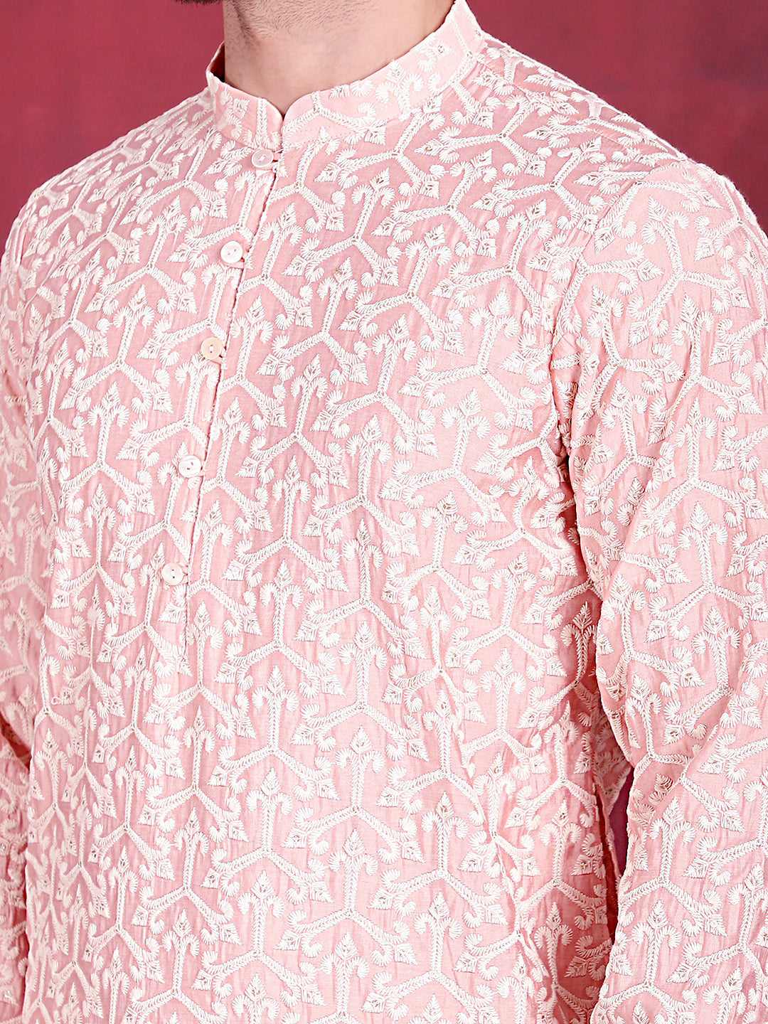 Men's Chikankari Embroidered Kurta Pyjama Set ( JOKP P 5020 Pink )