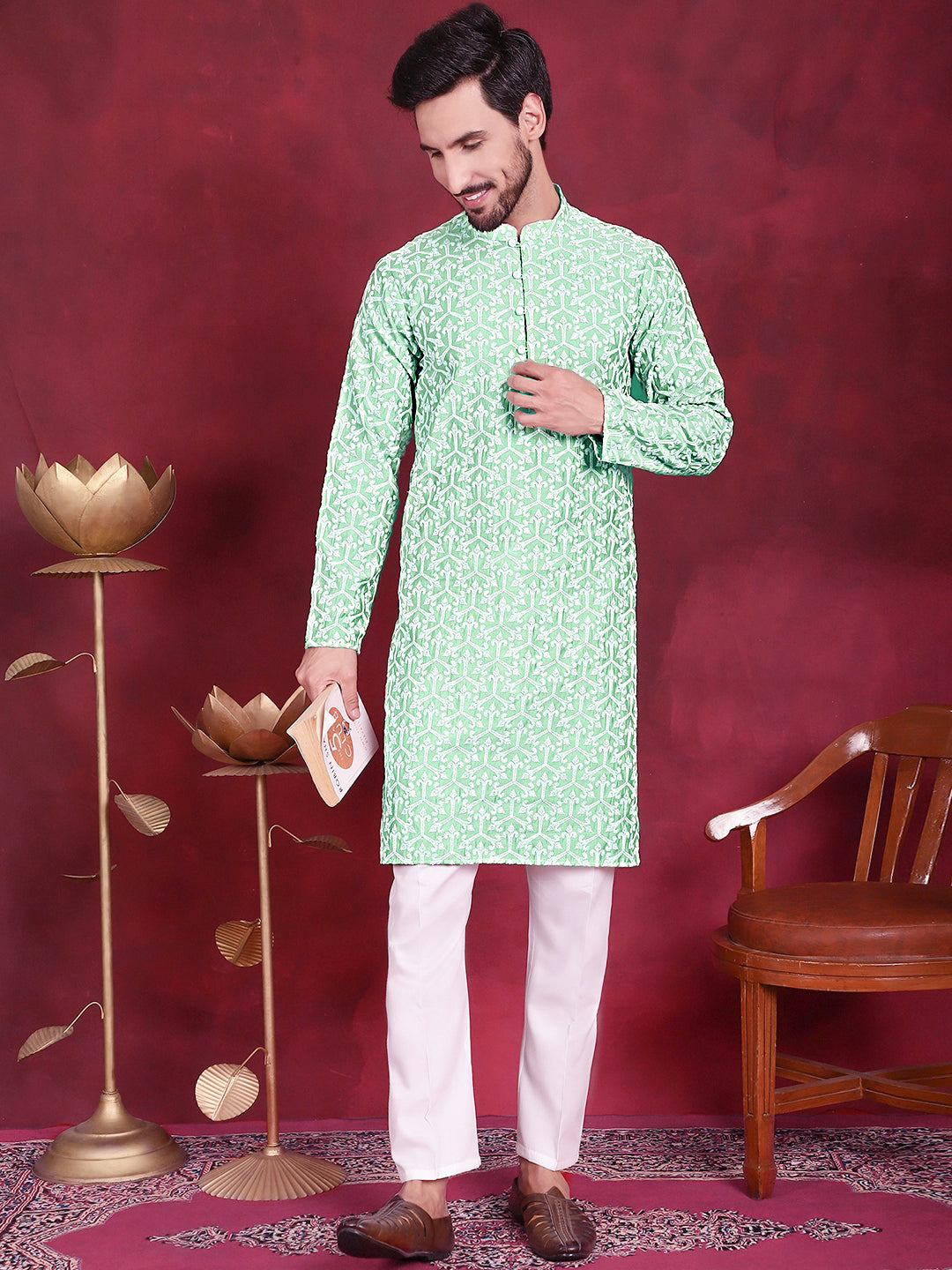 Men's Chikankari Embroidered Kurta Pyjama Set ( JOKP 5020 Pista )