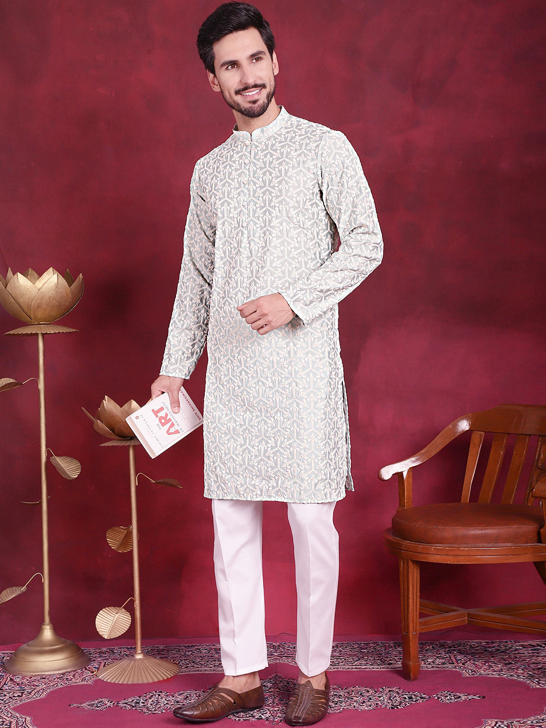 Men's Chikankari Embroidered Kurta Pyjama Set ( JOKP P 5020 Pista )