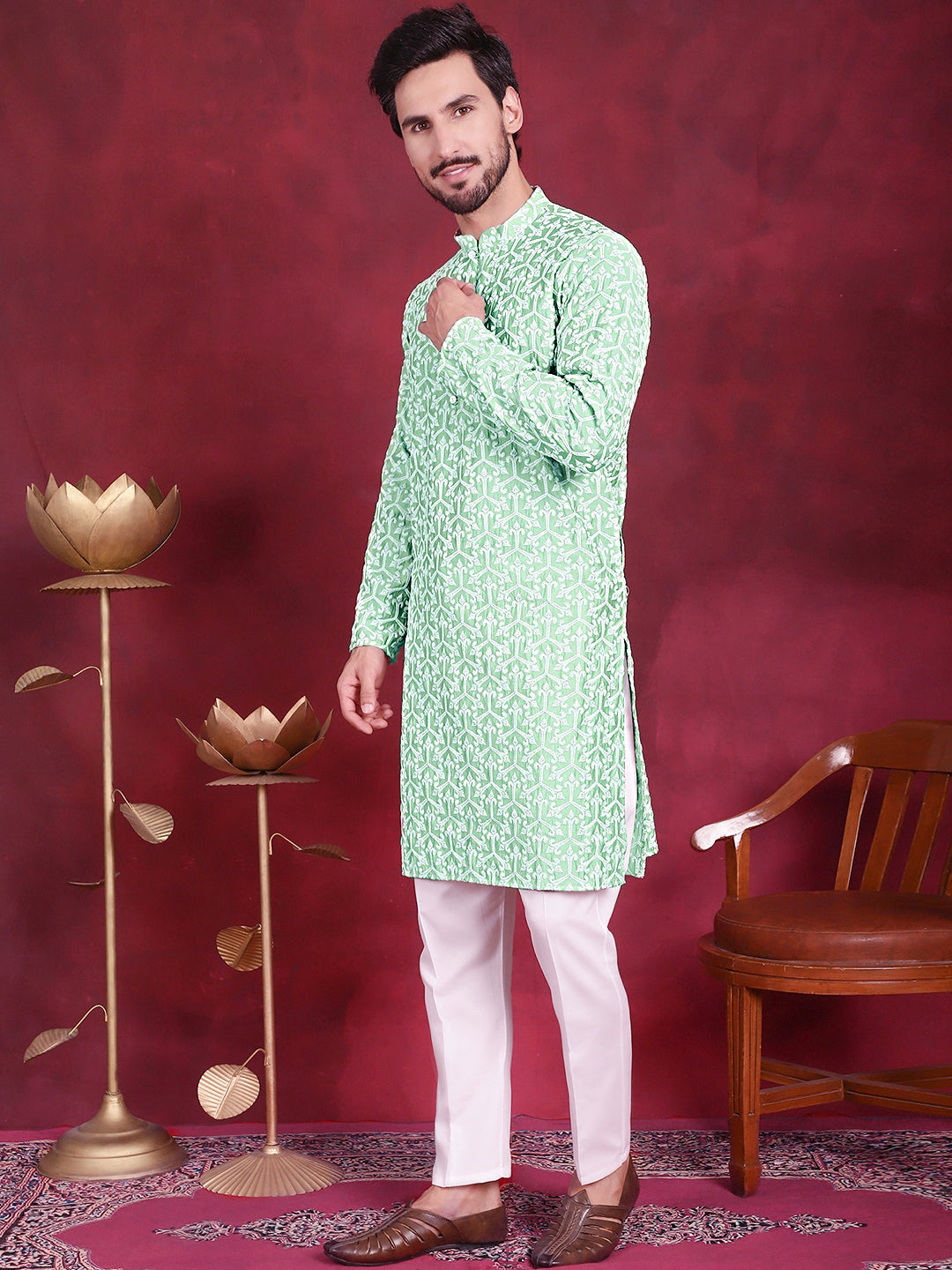 Men's Chikankari Embroidered Kurta Pyjama Set ( JOKP 5020 Pista )