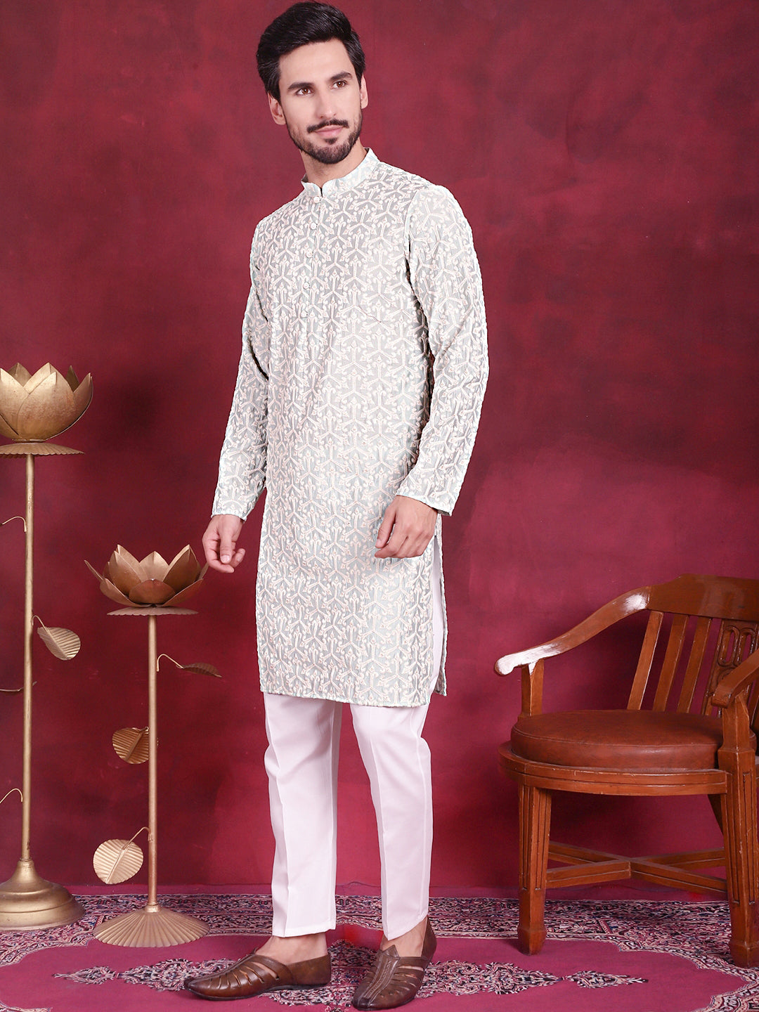 Men's Chikankari Embroidered Kurta Pyjama Set ( JOKP P 5020 Pista )