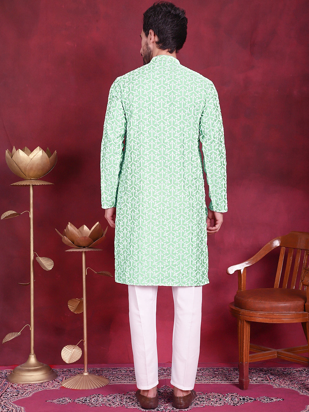Men's Chikankari Embroidered Kurta Pyjama Set ( JOKP 5020 Pista )