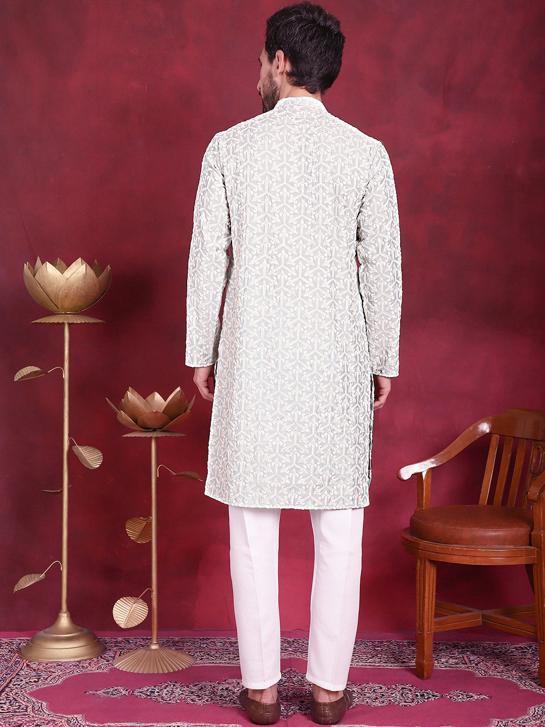 Men's Chikankari Embroidered Kurta Pyjama Set ( JOKP P 5020 Pista )