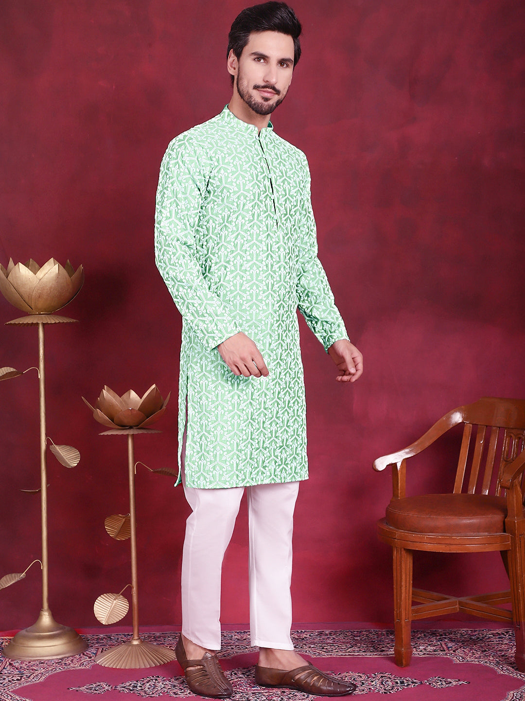 Men's Chikankari Embroidered Kurta Pyjama Set ( JOKP 5020 Pista )