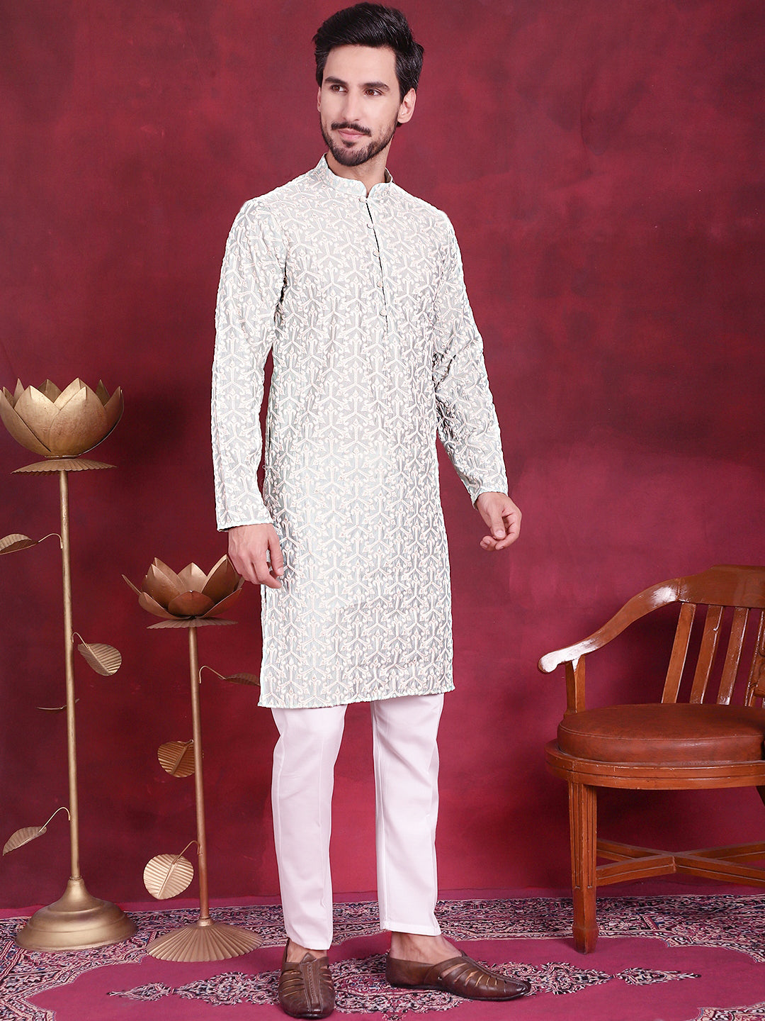 Men's Chikankari Embroidered Kurta Pyjama Set ( JOKP P 5020 Pista )
