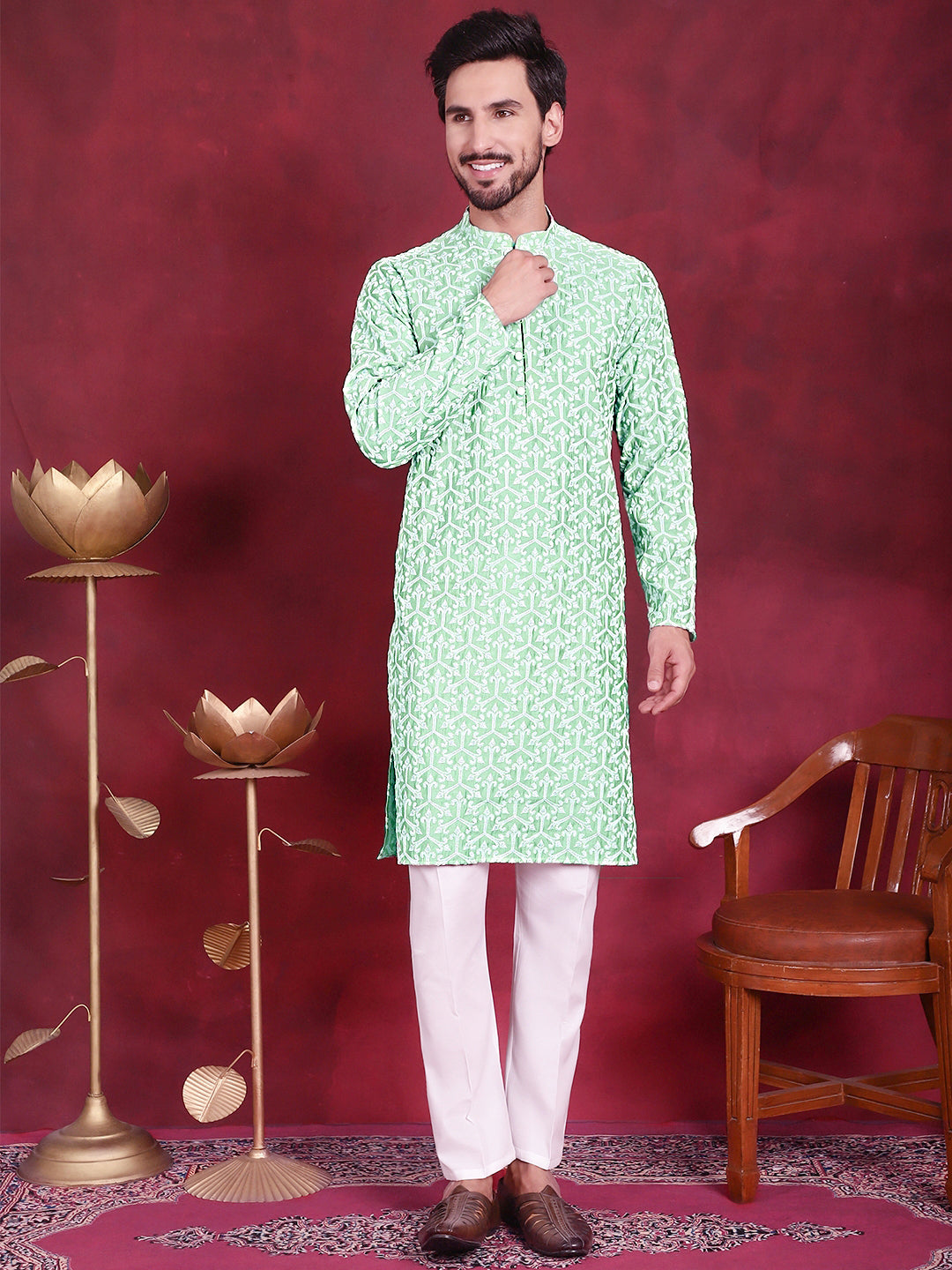 Men's Chikankari Embroidered Kurta Pyjama Set ( JOKP 5020 Pista )