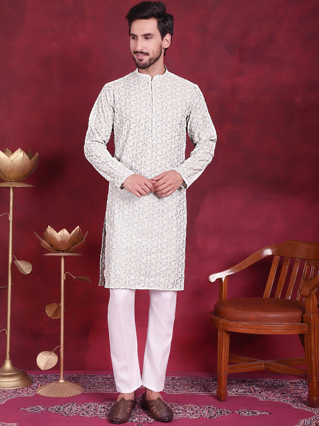 Men's Chikankari Embroidered Kurta Pyjama Set ( JOKP P 5020 Pista )