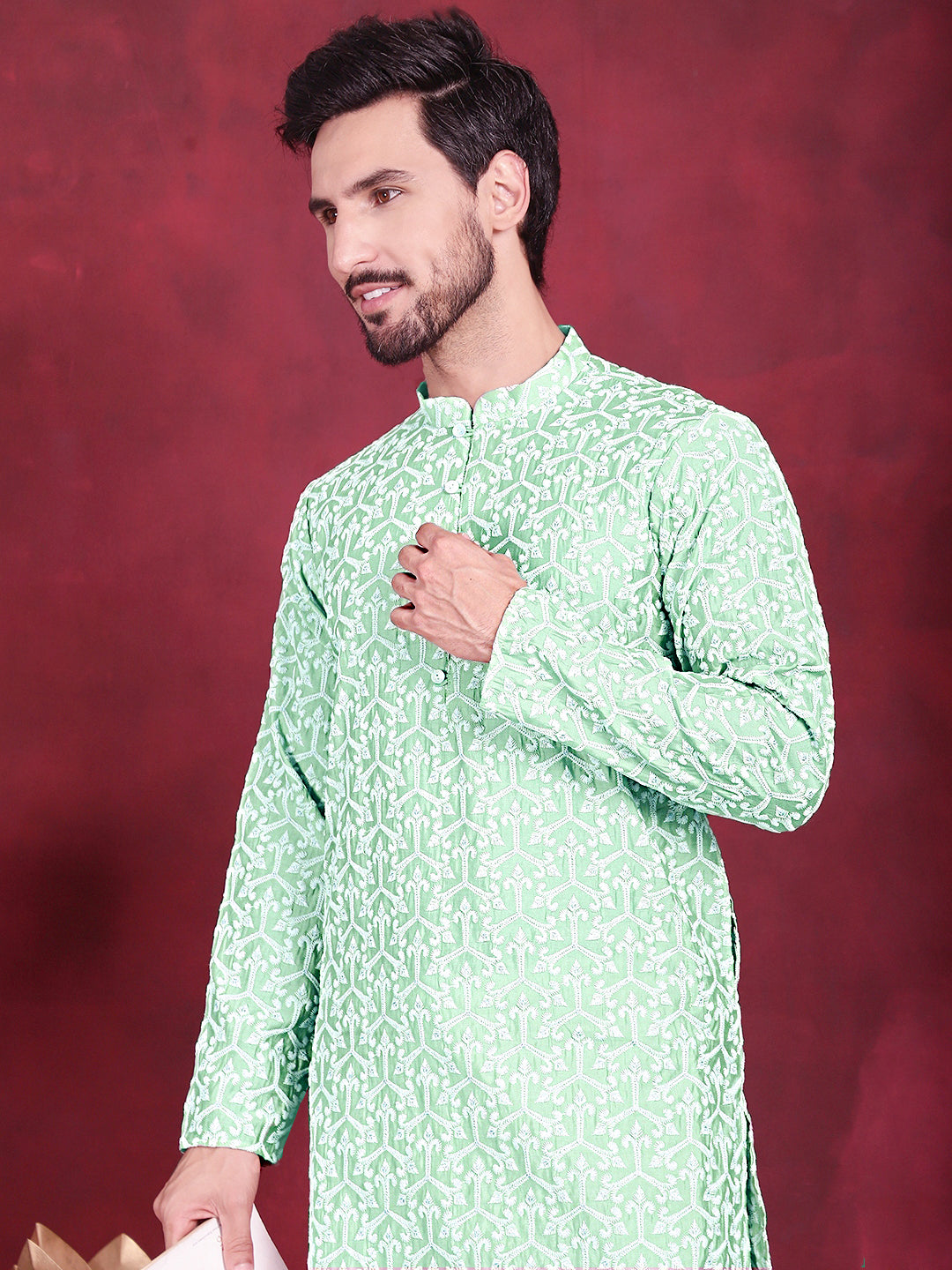 Men's Chikankari Embroidered Kurta Pyjama Set ( JOKP 5020 Pista )