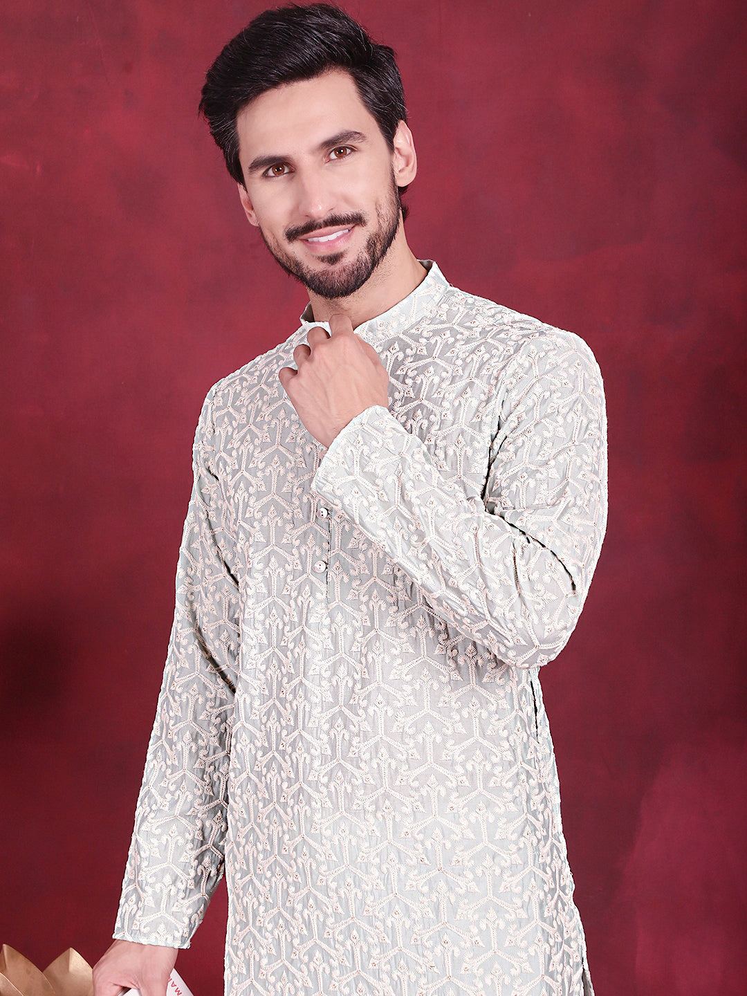 Men's Chikankari Embroidered Kurta Pyjama Set ( JOKP P 5020 Pista )