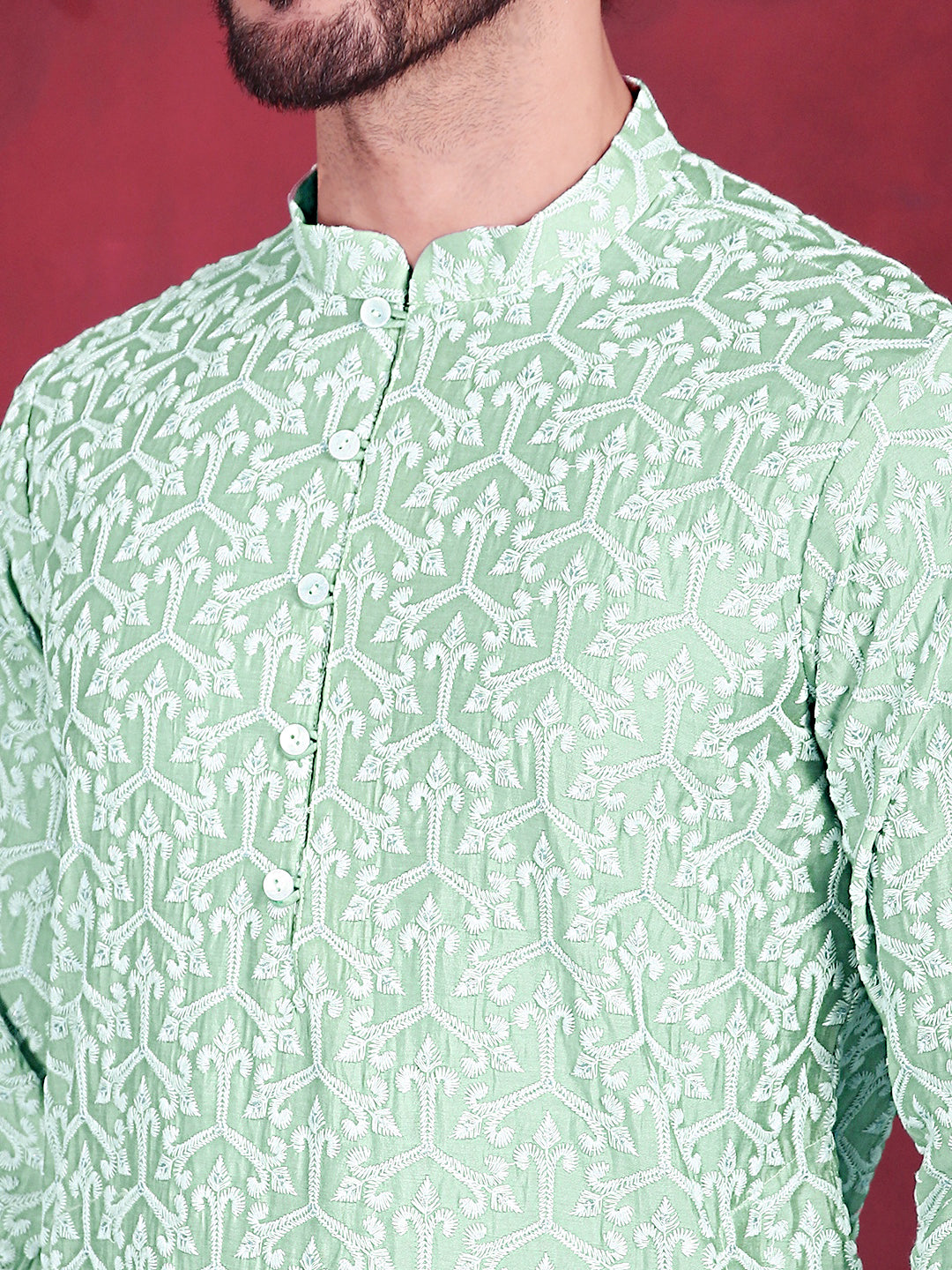Men's Chikankari Embroidered Kurta Pyjama Set ( JOKP 5020 Pista )