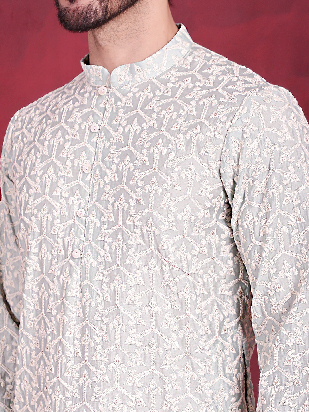 Men's Chikankari Embroidered Kurta Pyjama Set ( JOKP P 5020 Pista )