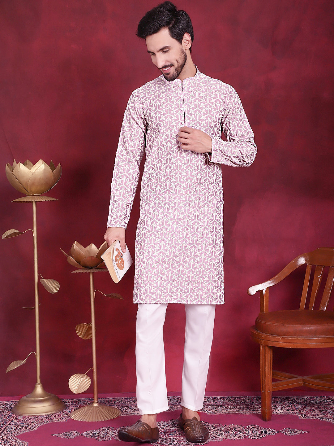 Men's Chikankari Embroidered Kurta Pyjama Set ( JOKP P 5020 Purple )