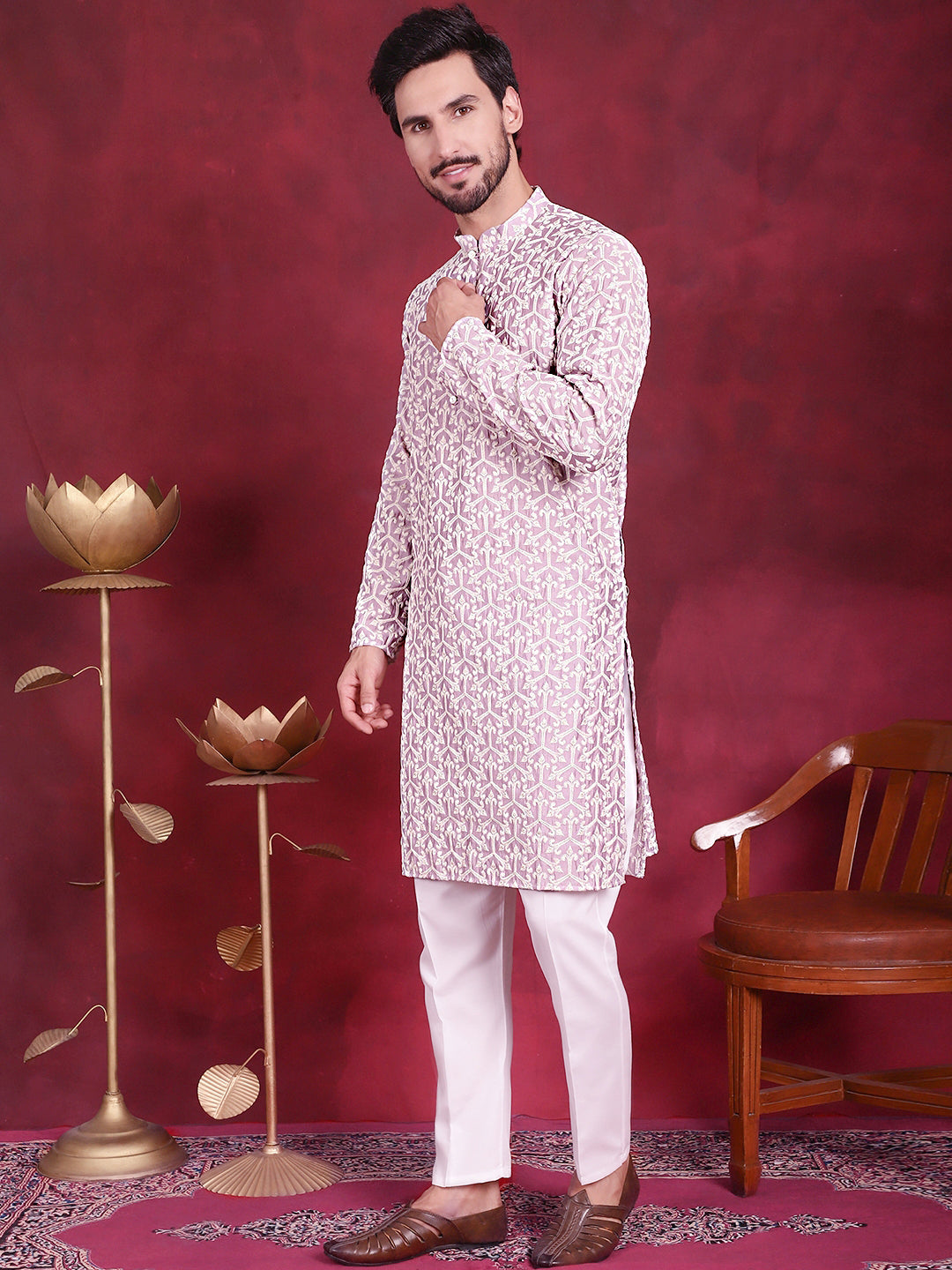 Men's Chikankari Embroidered Kurta Pyjama Set ( JOKP P 5020 Purple )