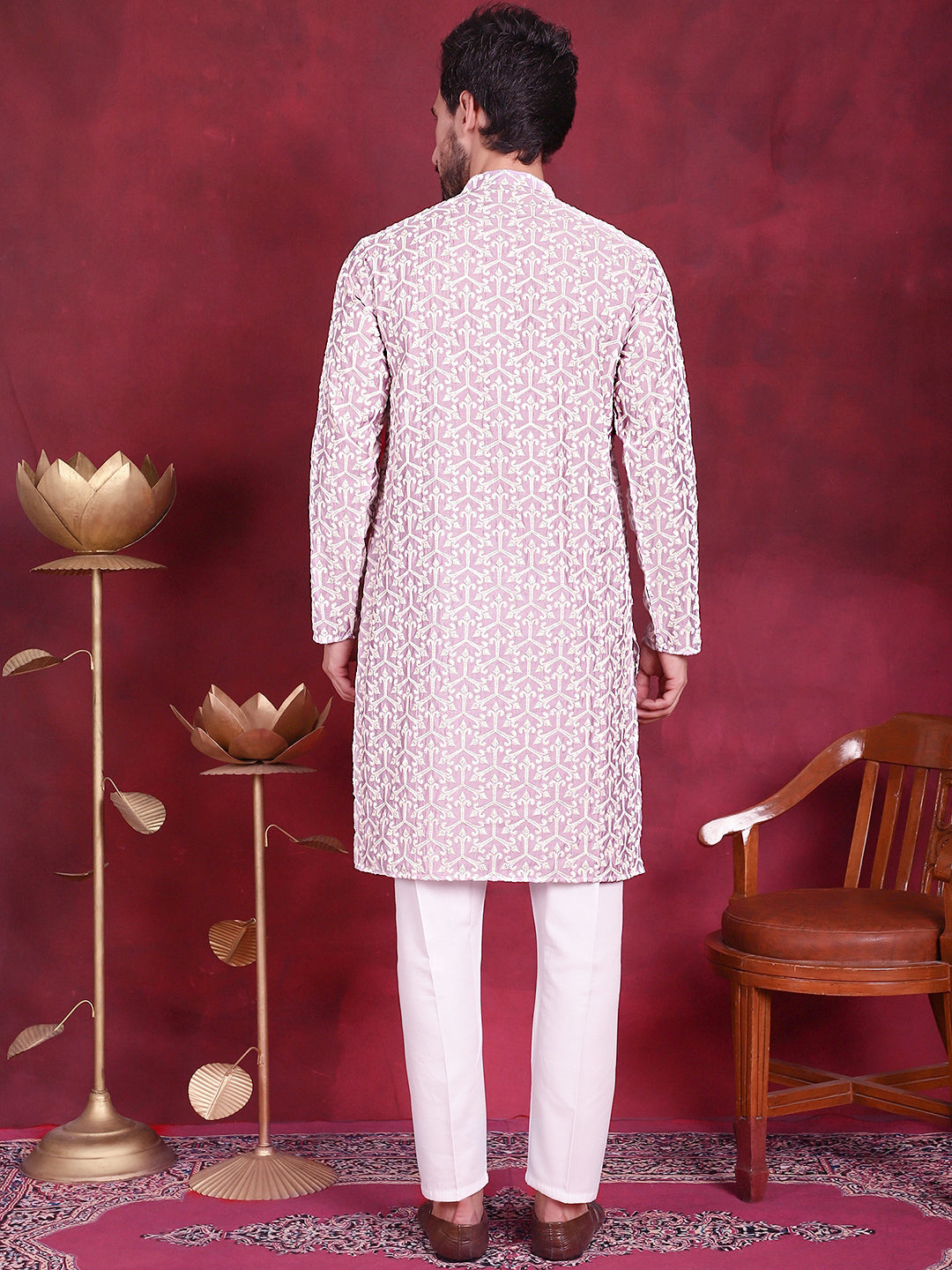 Men's Chikankari Embroidered Kurta Pyjama Set ( JOKP P 5020 Purple )