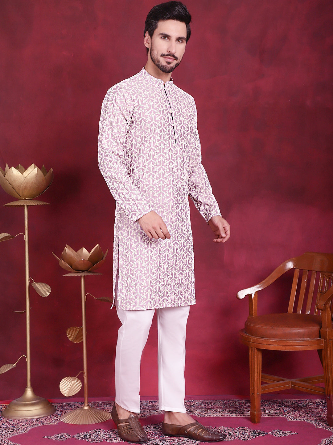 Men's Chikankari Embroidered Kurta Pyjama Set ( JOKP P 5020 Purple )