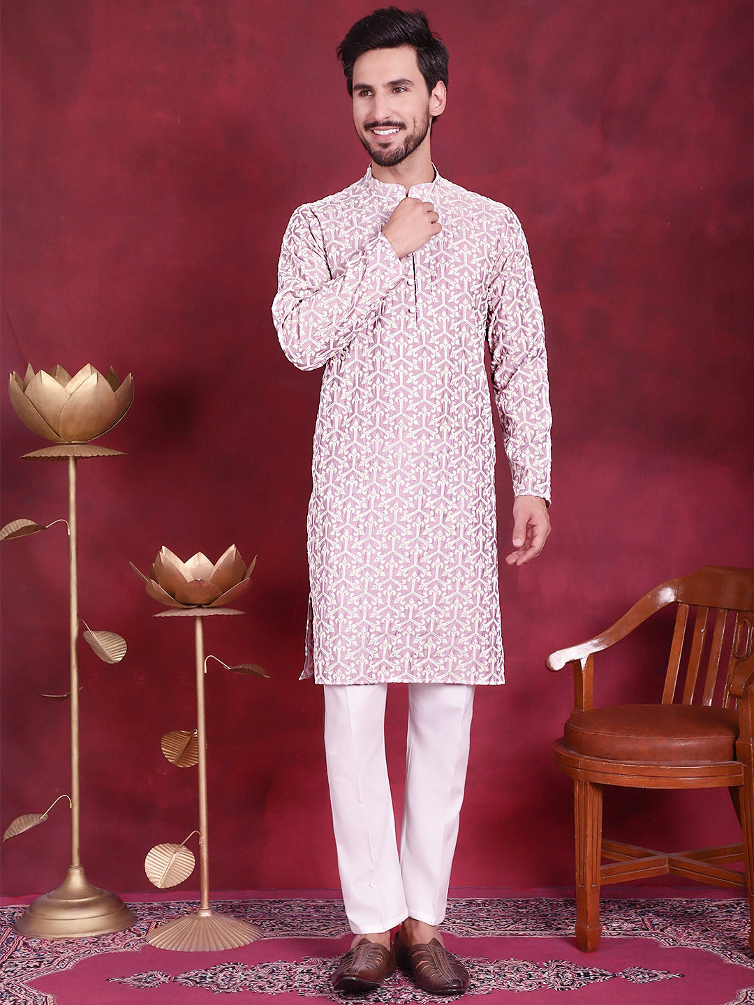Men's Chikankari Embroidered Kurta Pyjama Set ( JOKP P 5020 Purple )