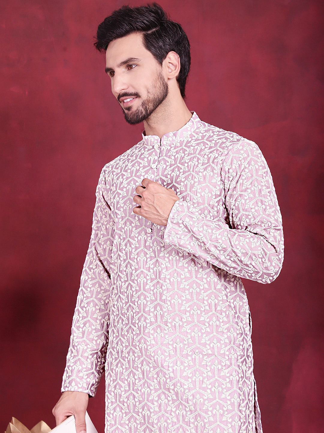 Men's Chikankari Embroidered Kurta Pyjama Set ( JOKP P 5020 Purple )