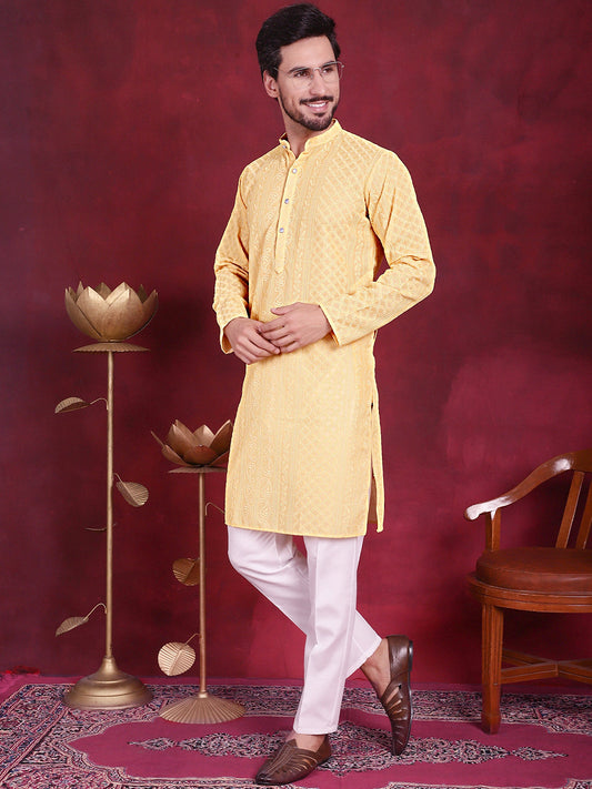 Men's Chikankari Embroidered Kurta Pyjama Set ( JOKP P 5021 Beige )