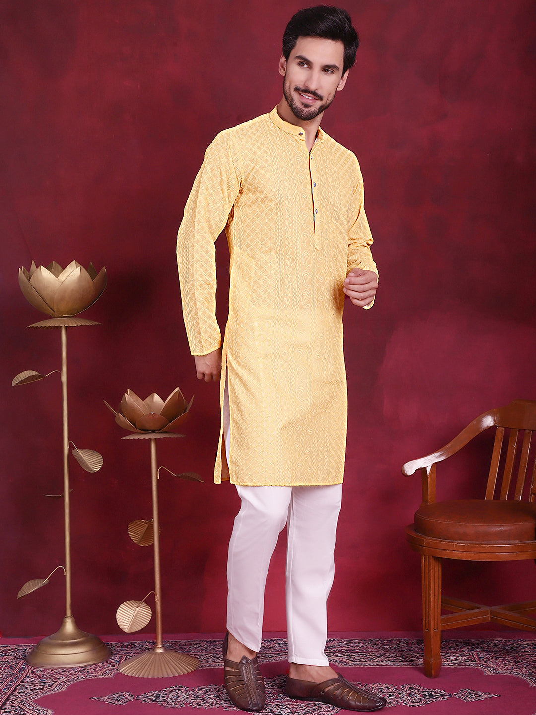 Men's Chikankari Embroidered Kurta Pyjama Set ( JOKP P 5021 Beige )