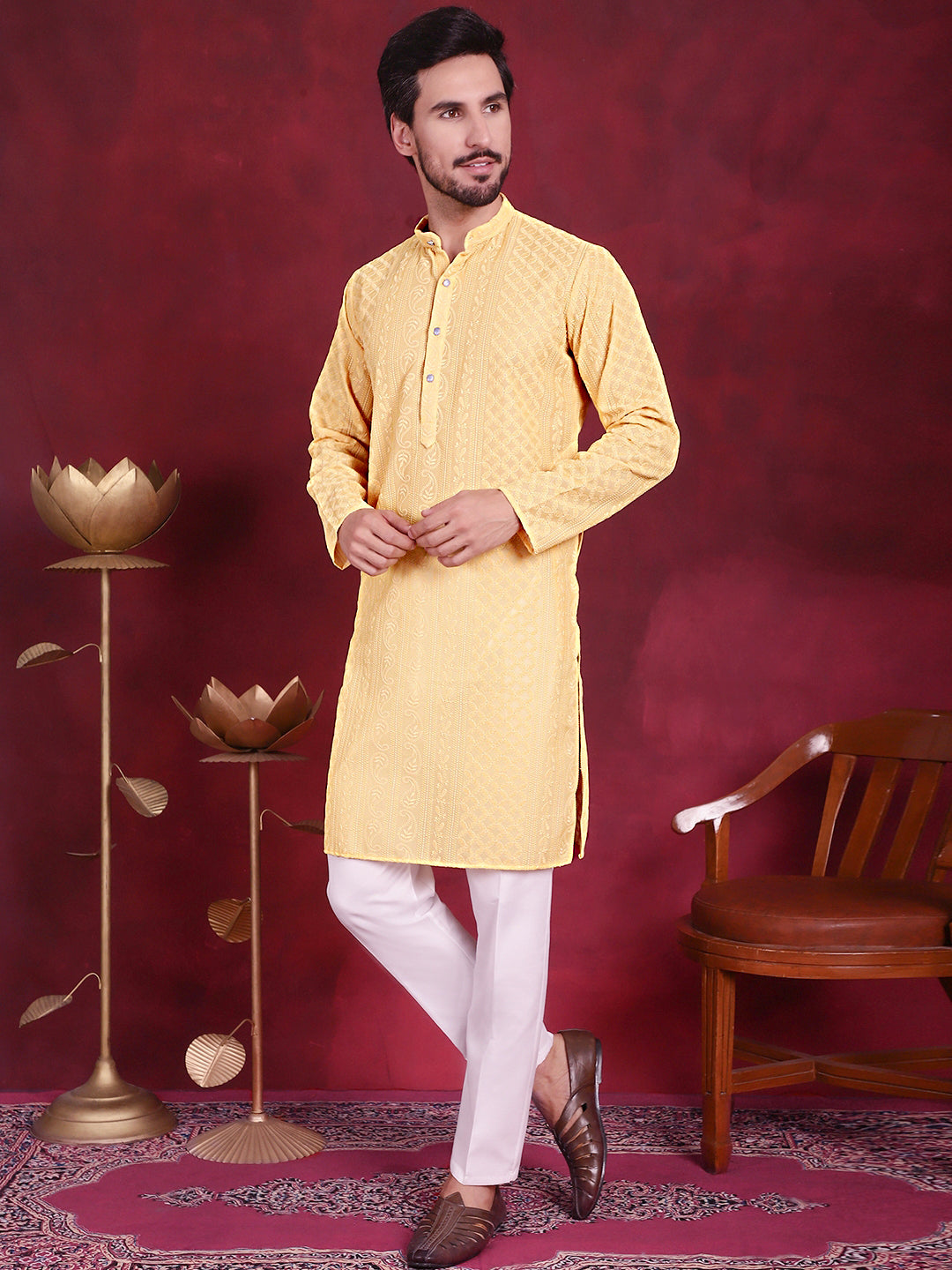 Men's Chikankari Embroidered Kurta Pyjama Set ( JOKP P 5021 Beige )