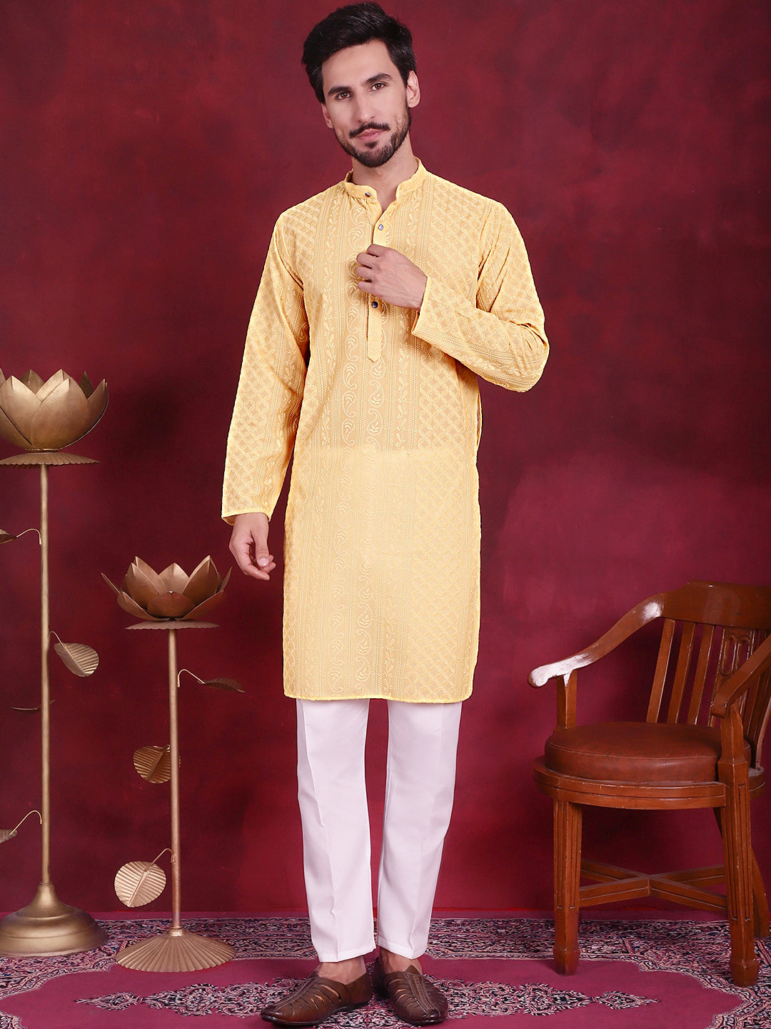 Men's Chikankari Embroidered Kurta Pyjama Set ( JOKP P 5021 Beige )