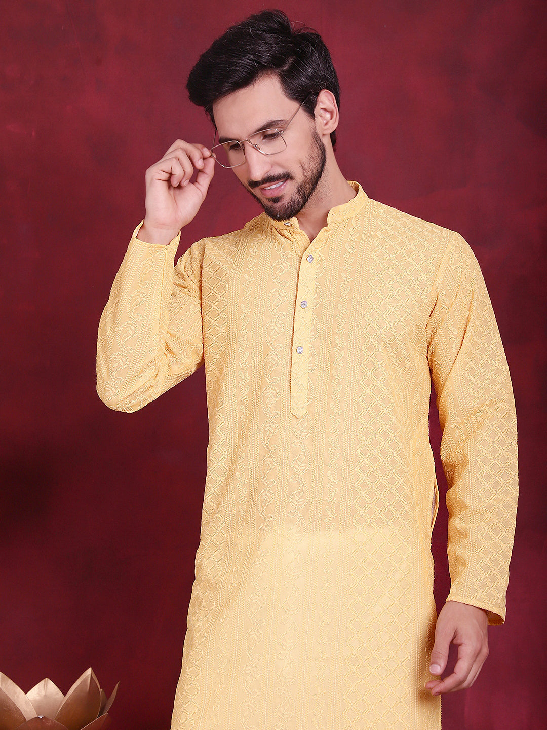 Men's Chikankari Embroidered Kurta Pyjama Set ( JOKP P 5021 Beige )
