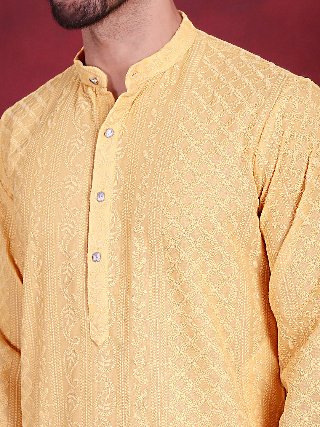 Men's Chikankari Embroidered Kurta Pyjama Set ( JOKP P 5021 Beige )