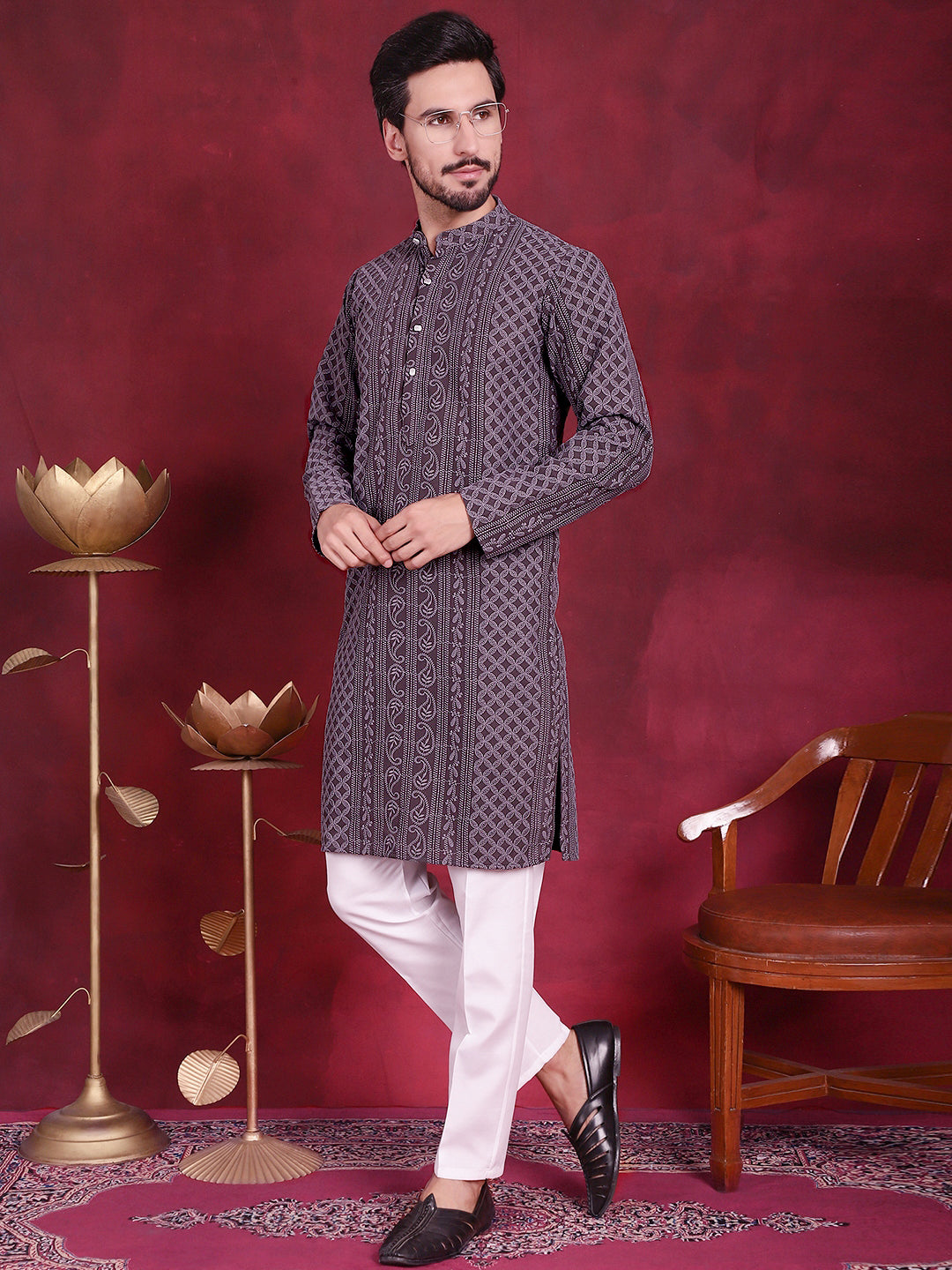 Men's Chikankari Embroidered Kurta Pyjama Set ( JOKP P 5021 Grey )