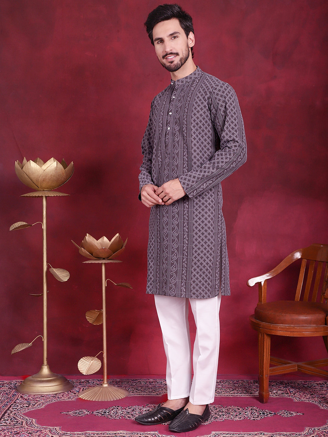 Men's Chikankari Embroidered Kurta Pyjama Set ( JOKP P 5021 Grey )