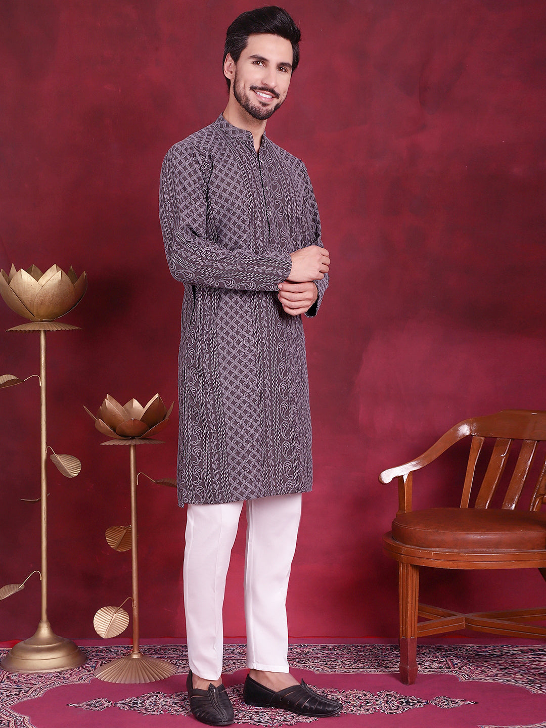 Men's Chikankari Embroidered Kurta Pyjama Set ( JOKP P 5021 Grey )