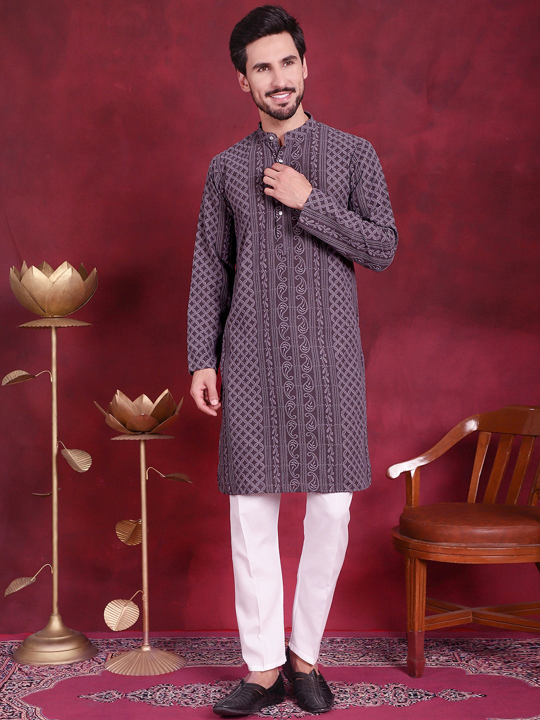 Men's Chikankari Embroidered Kurta Pyjama Set ( JOKP P 5021 Grey )