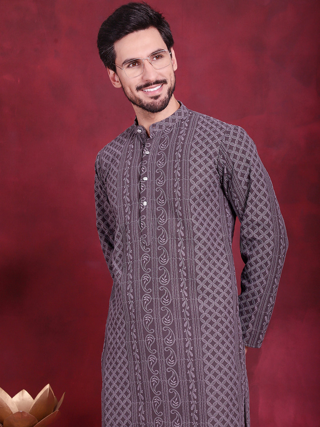 Men's Chikankari Embroidered Kurta Pyjama Set ( JOKP P 5021 Grey )