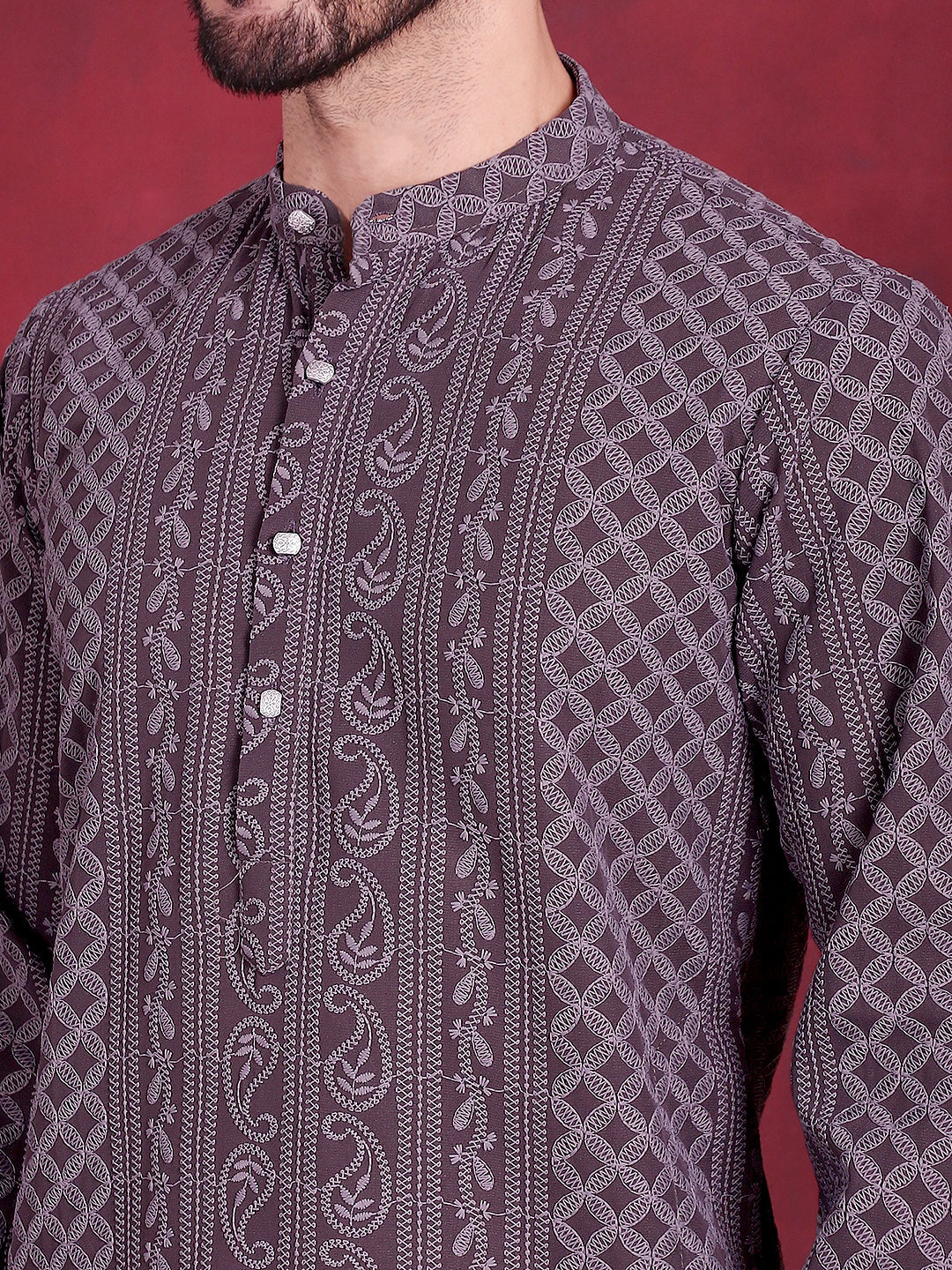Men's Chikankari Embroidered Kurta Pyjama Set ( JOKP P 5021 Grey )