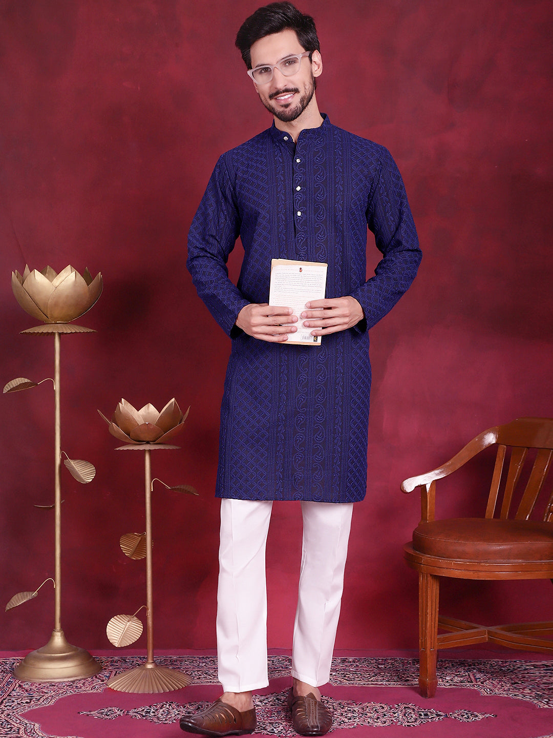 Men's Chikankari Embroidered Kurta Pyjama Set ( JOKP P 5021 Navy )
