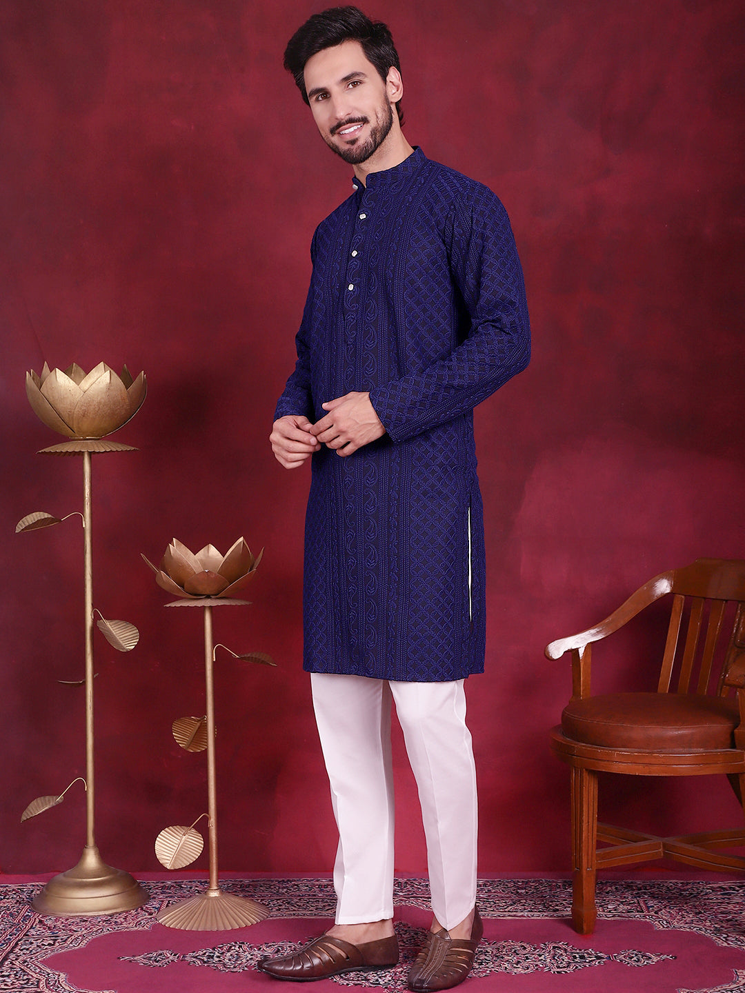 Men's Chikankari Embroidered Kurta Pyjama Set ( JOKP P 5021 Navy )