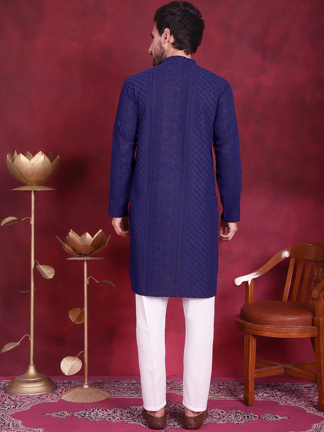 Men's Chikankari Embroidered Kurta Pyjama Set ( JOKP P 5021 Navy )