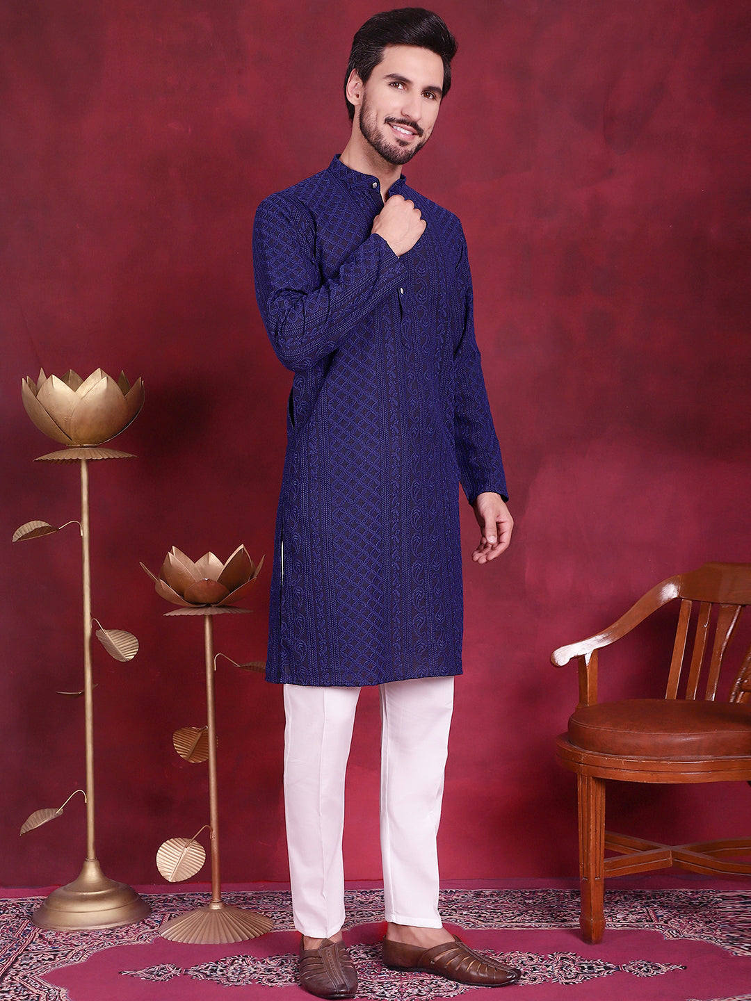 Men's Chikankari Embroidered Kurta Pyjama Set ( JOKP P 5021 Navy )