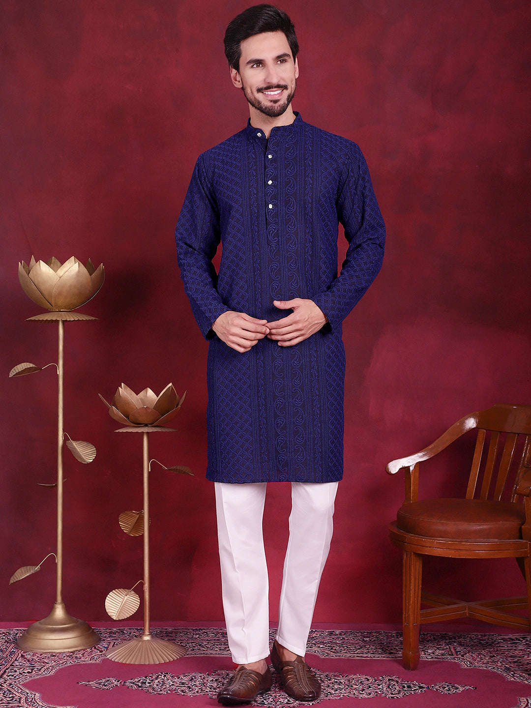 Men's Chikankari Embroidered Kurta Pyjama Set ( JOKP P 5021 Navy )