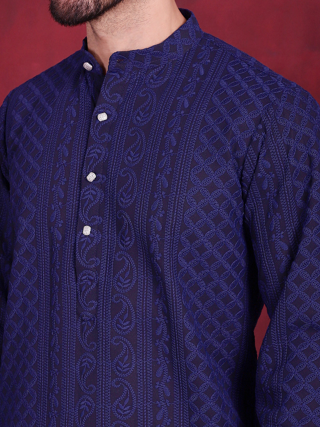 Men's Chikankari Embroidered Kurta Pyjama Set ( JOKP P 5021 Navy )
