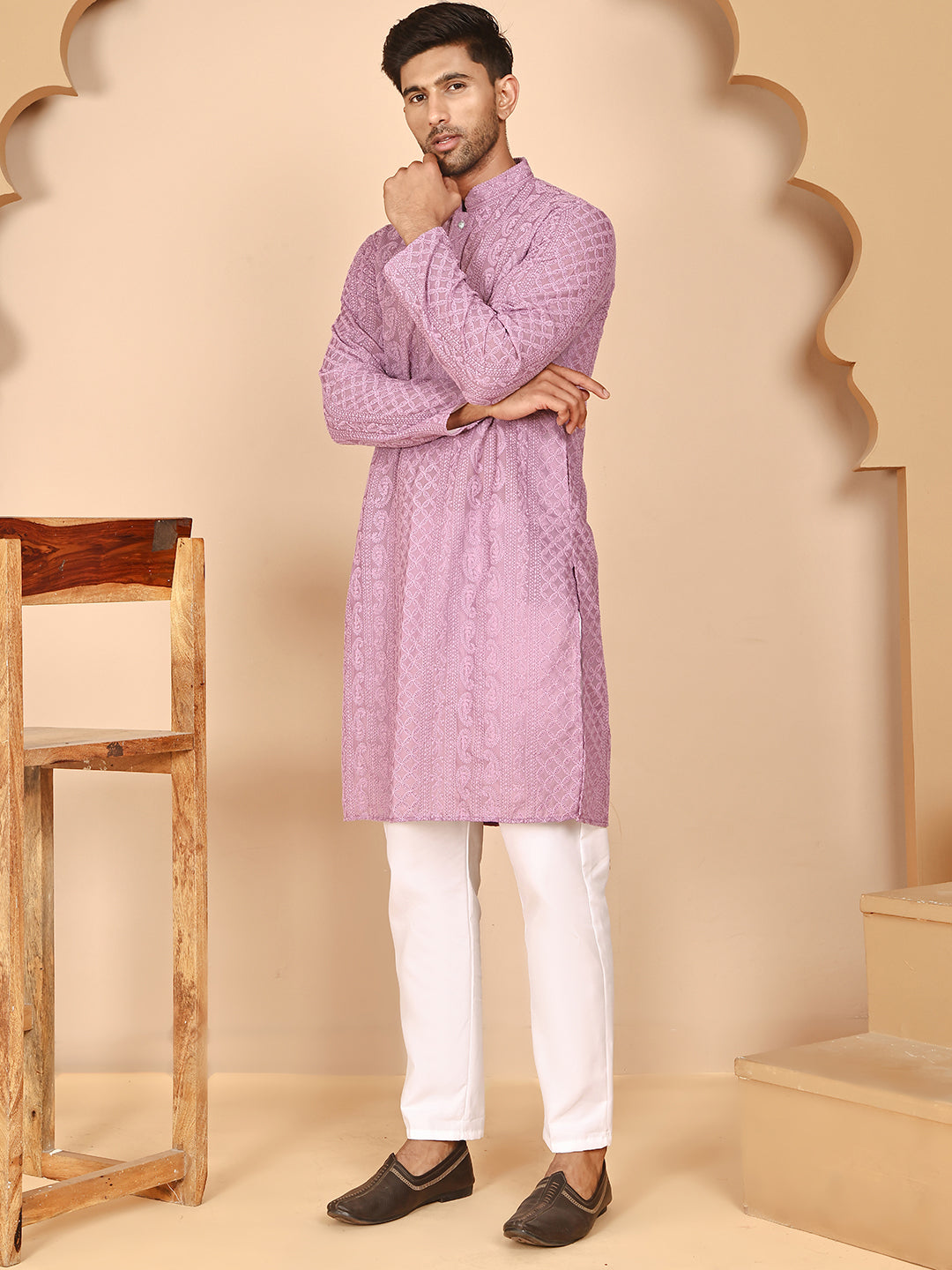 Men's Embroidered Kurta Pyjama Set (JOKP P 5021 Purple ) [FF] [P-9]