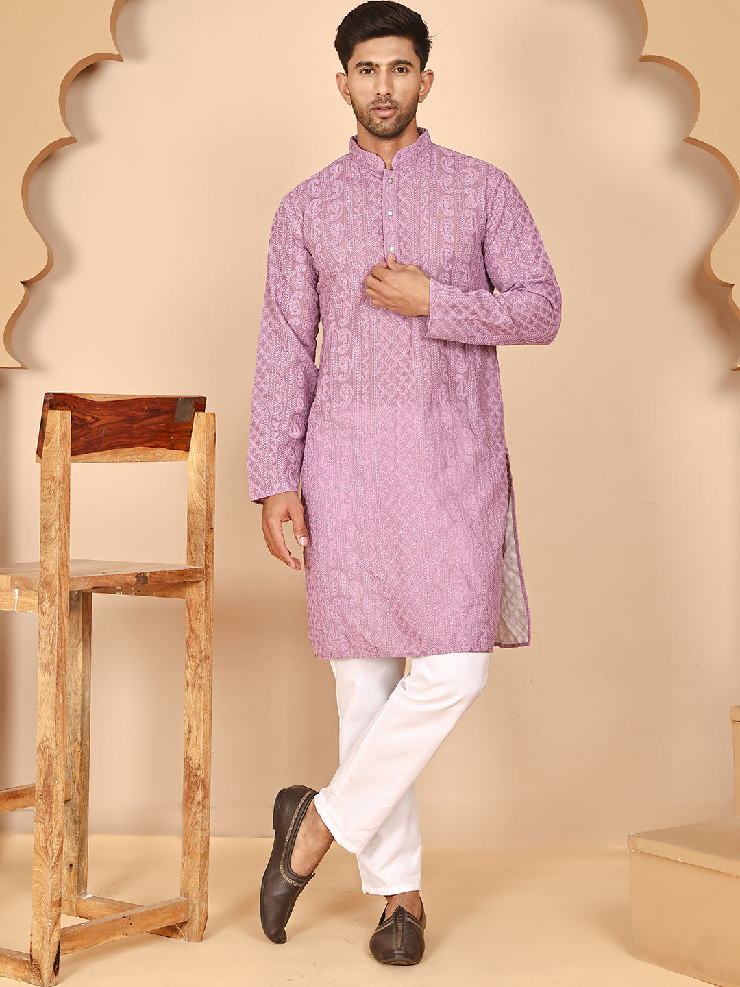 Men's Embroidered Kurta Pyjama Set (JOKP P 5021 Purple ) [FF] [P-9]