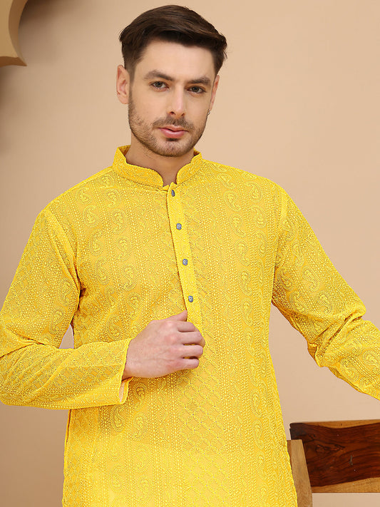 Men's Embroidered Kurta Pyjama Set ( JOKP P 5021 Yellow )