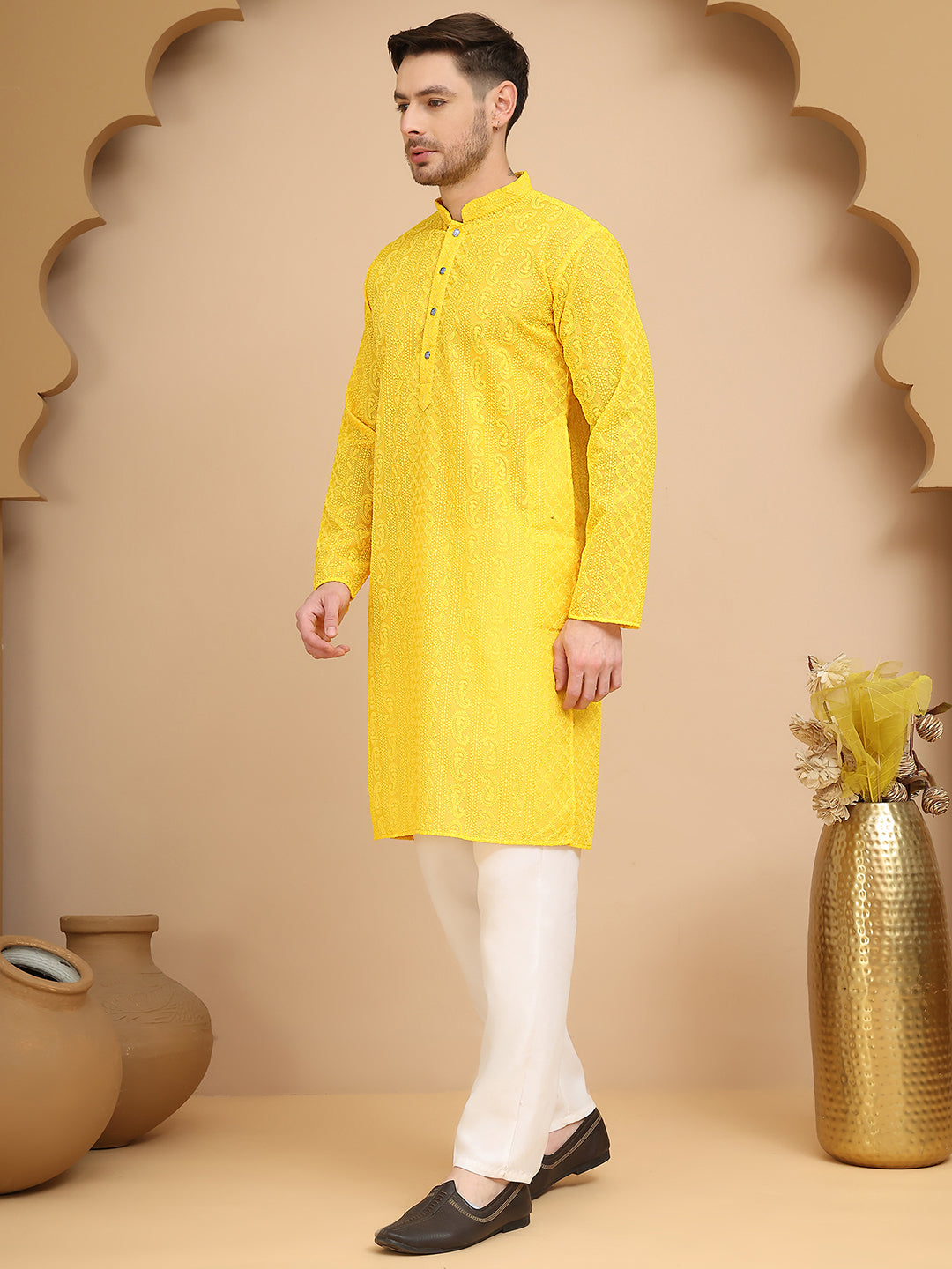 Men's Embroidered Kurta Pyjama Set ( JOKP P 5021 Yellow )