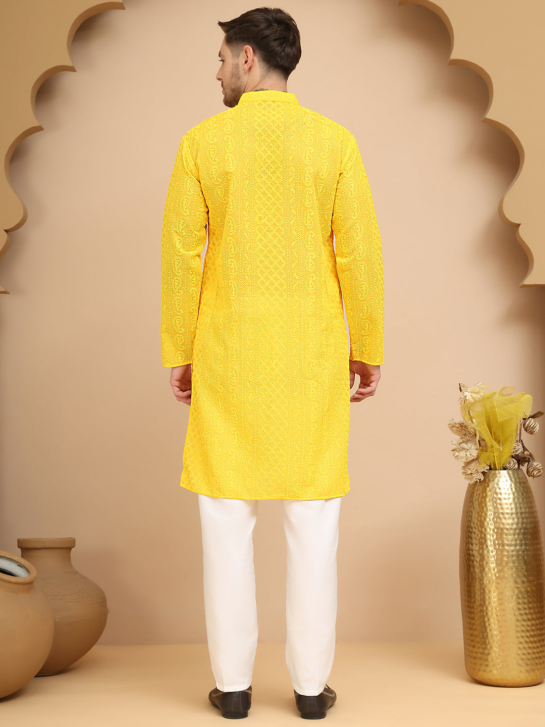 Men's Embroidered Kurta Pyjama Set ( JOKP P 5021 Yellow )