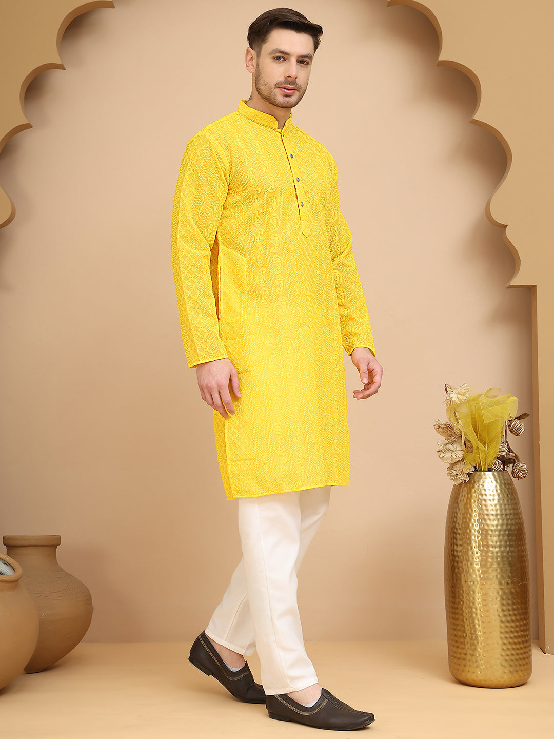 Men's Embroidered Kurta Pyjama Set ( JOKP P 5021 Yellow )