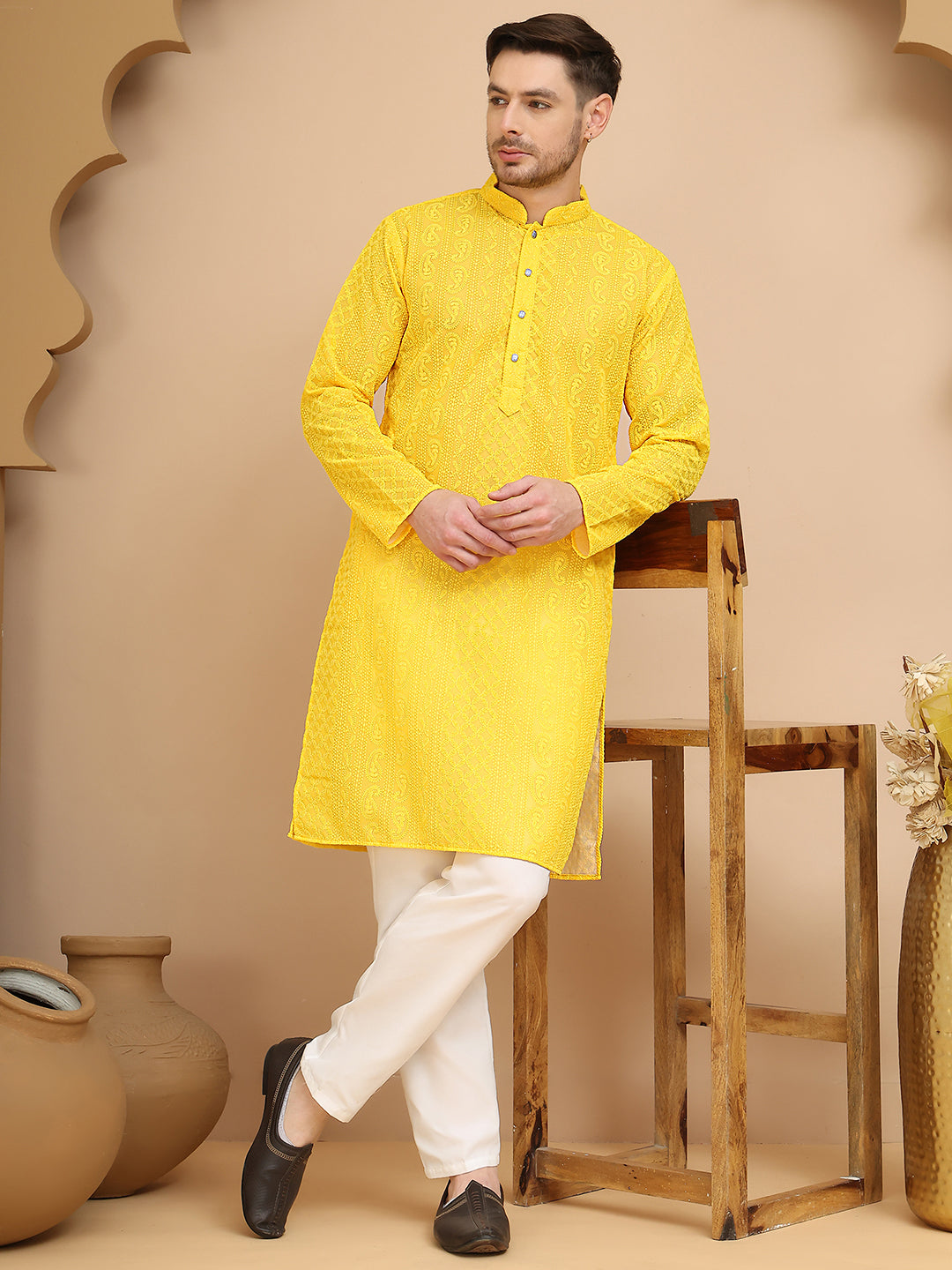 Men's Embroidered Kurta Pyjama Set ( JOKP P 5021 Yellow )
