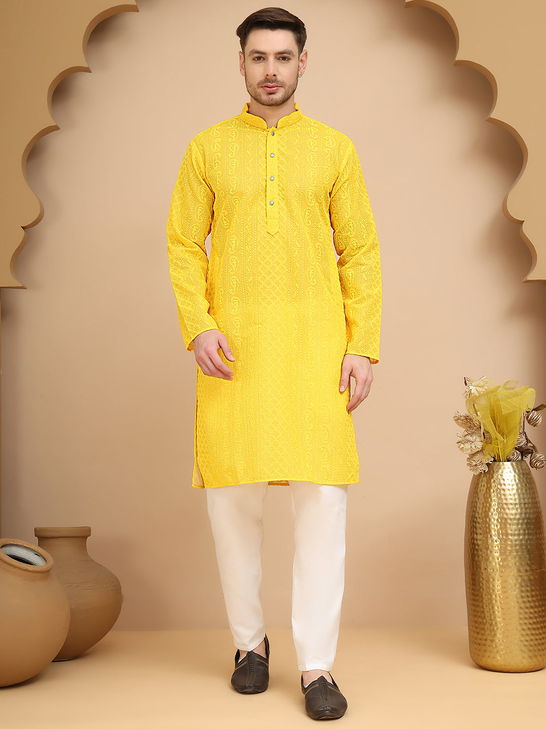 Men's Embroidered Kurta Pyjama Set ( JOKP P 5021 Yellow )