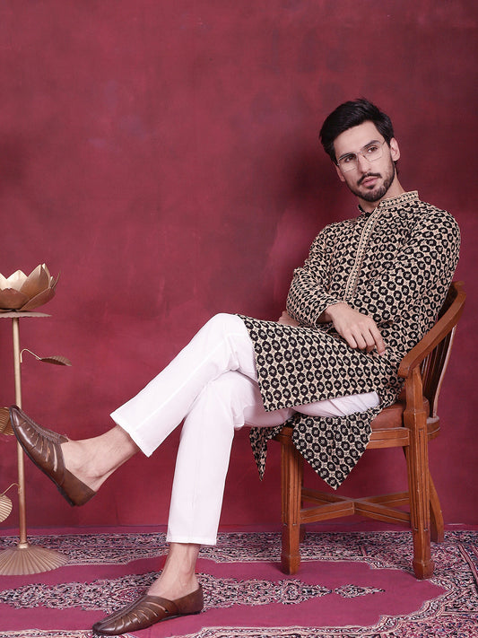 Men's Sequins Embroidered Kurta with Pyjama ( JOKP P 5023 Brown )